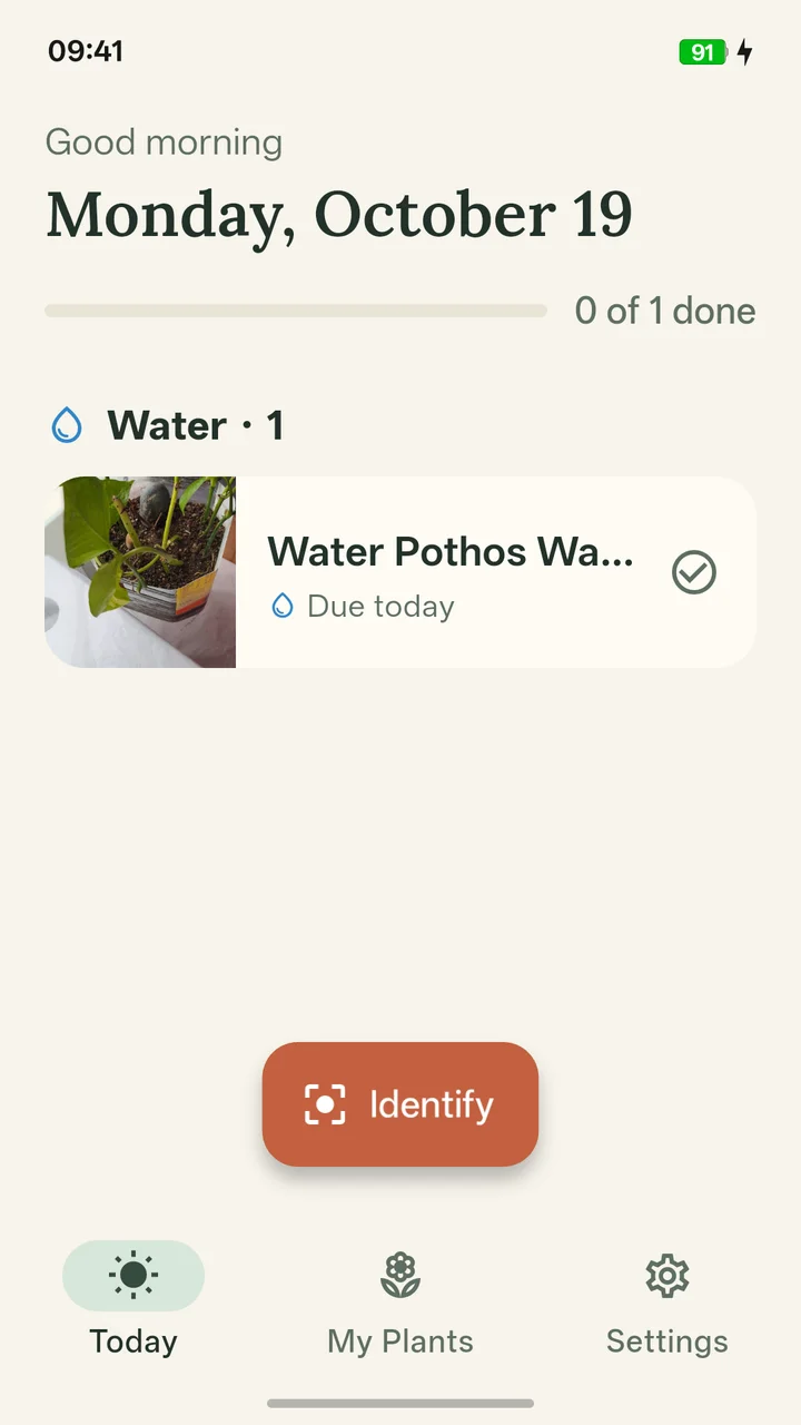 GreenThumb Today screen showing one watering task due and an action to mark it done